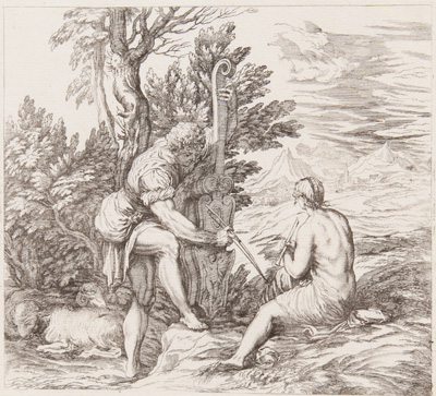 Veronese etching from 1682 Young Man playing a Violone and Woman in a Landscape